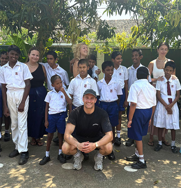 Catrine, Freya, and Maria with kids in Sri Lanka